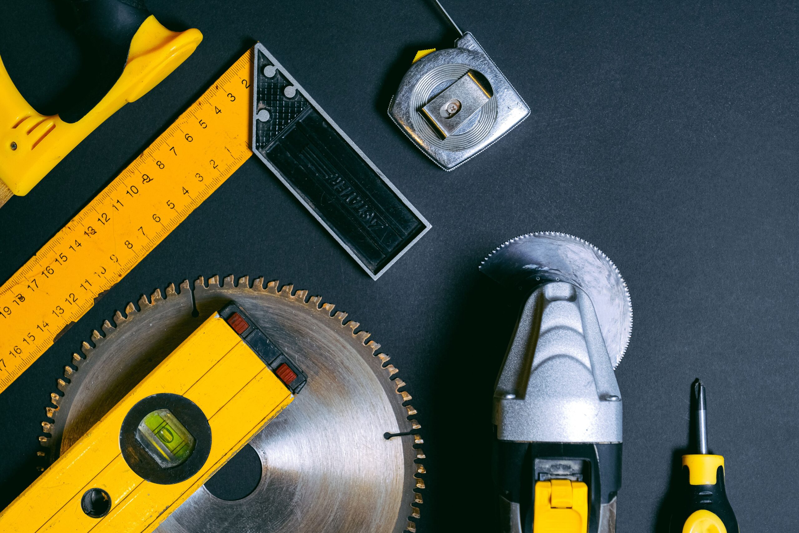 Construction tools arranged for home repair work
