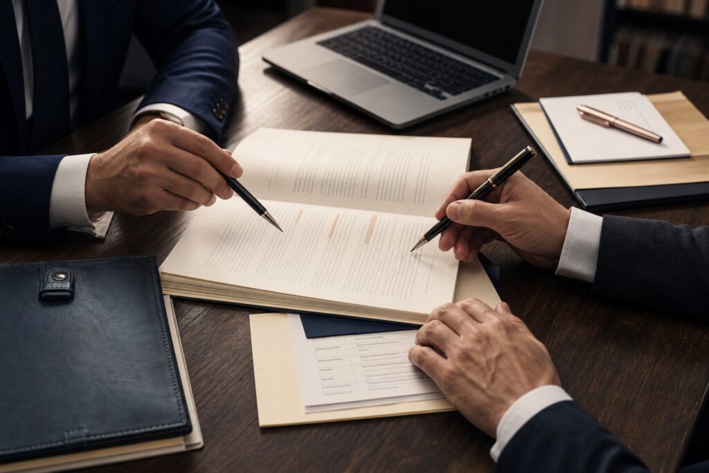 Contract documents being reviewed at a desk