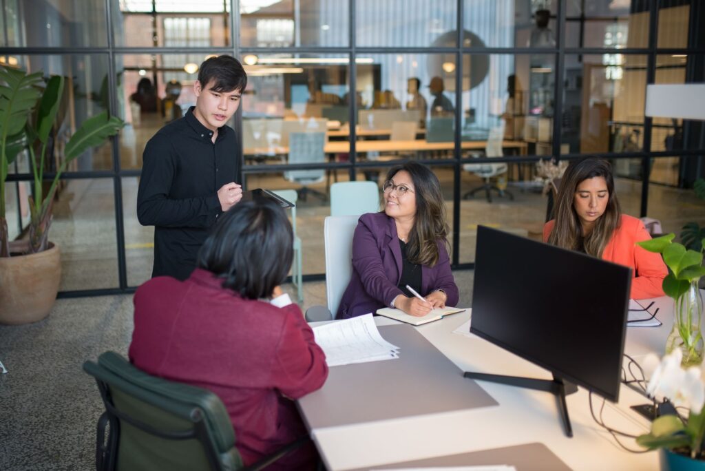 Consulting team collaborating in a modern office