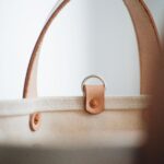 Close-up of canvas tote fabric and leather handles