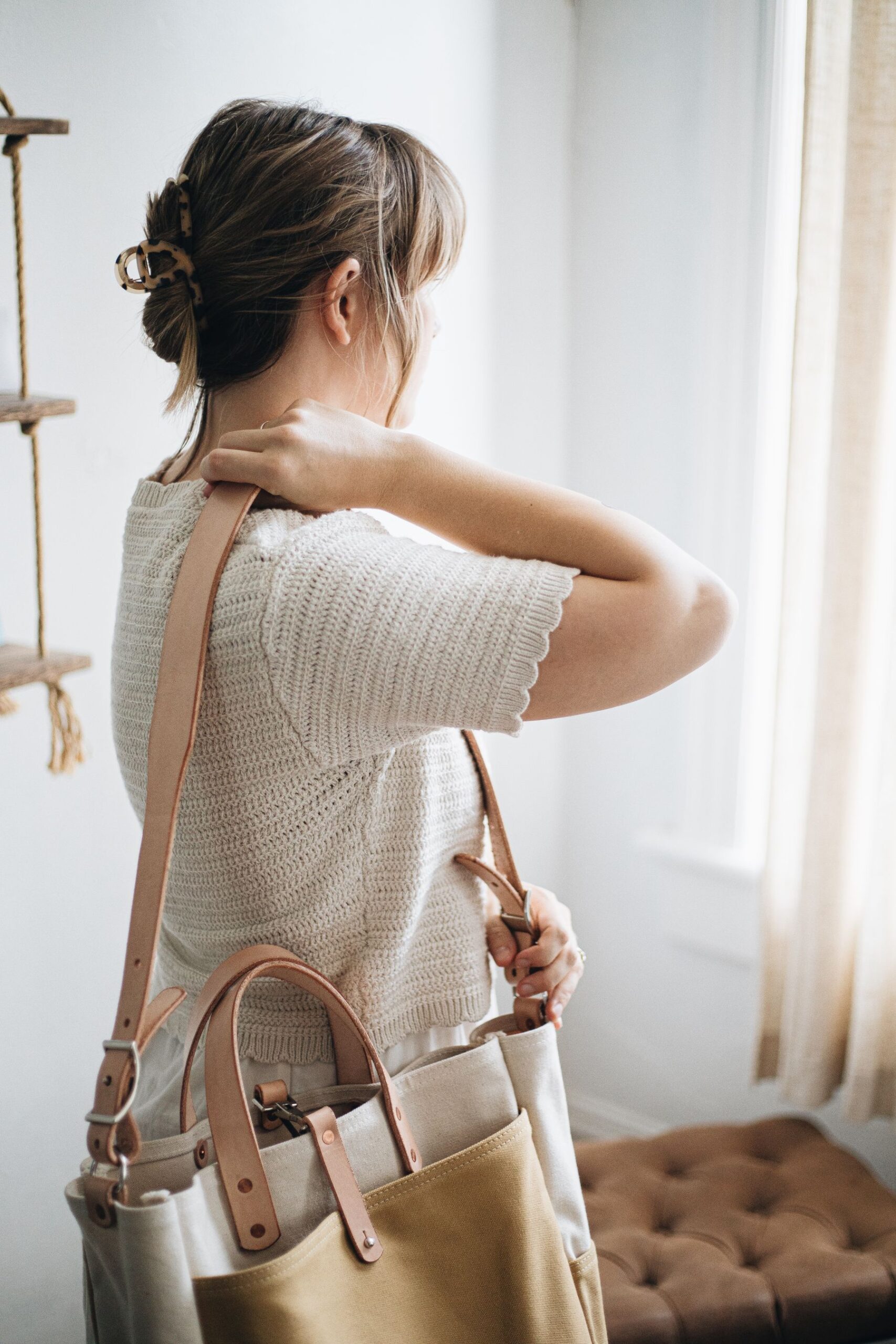 Handcrafted canvas tote presented in a bright interior