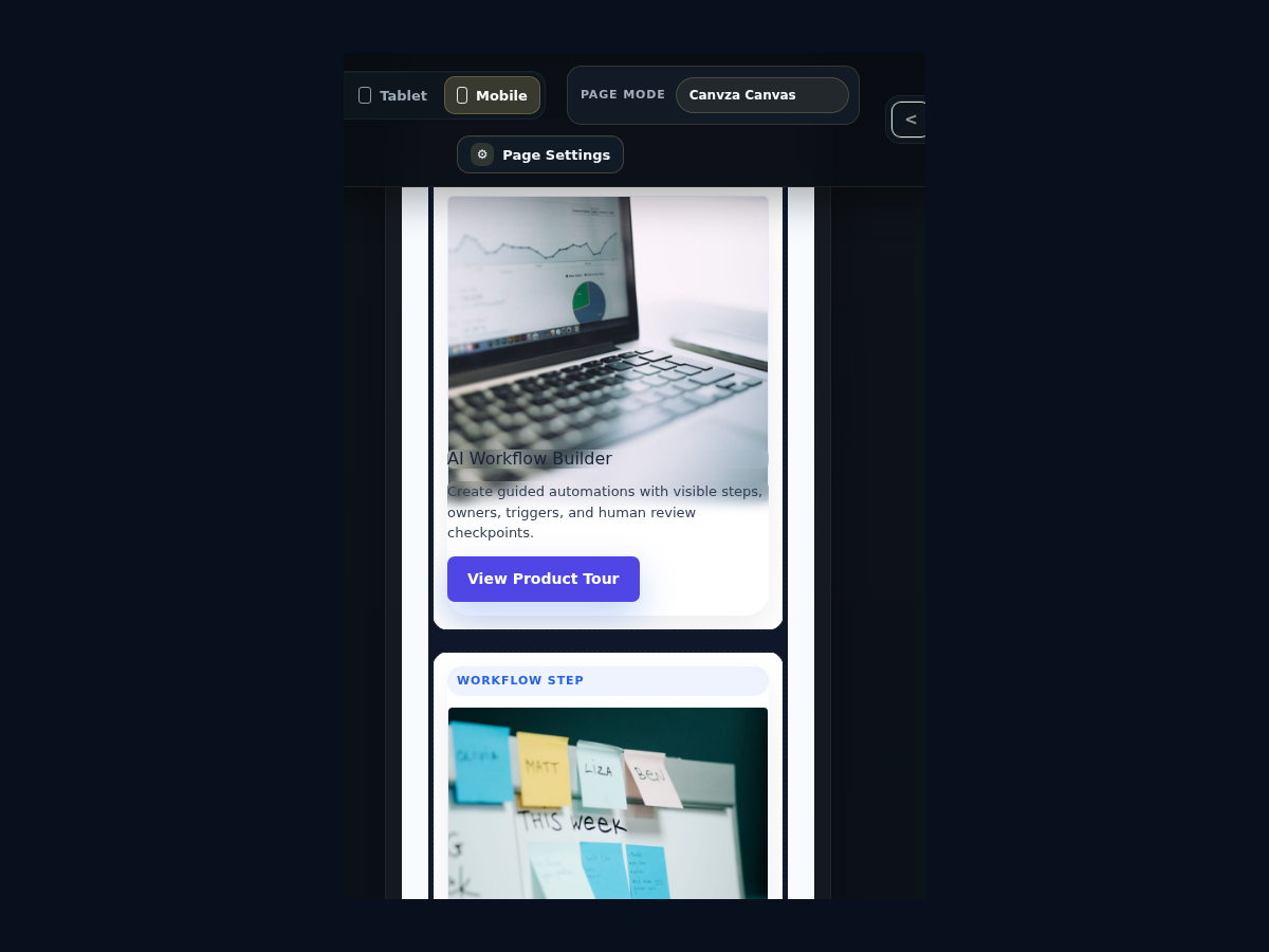 Canvza Builder mobile viewport showing the responsive site state.