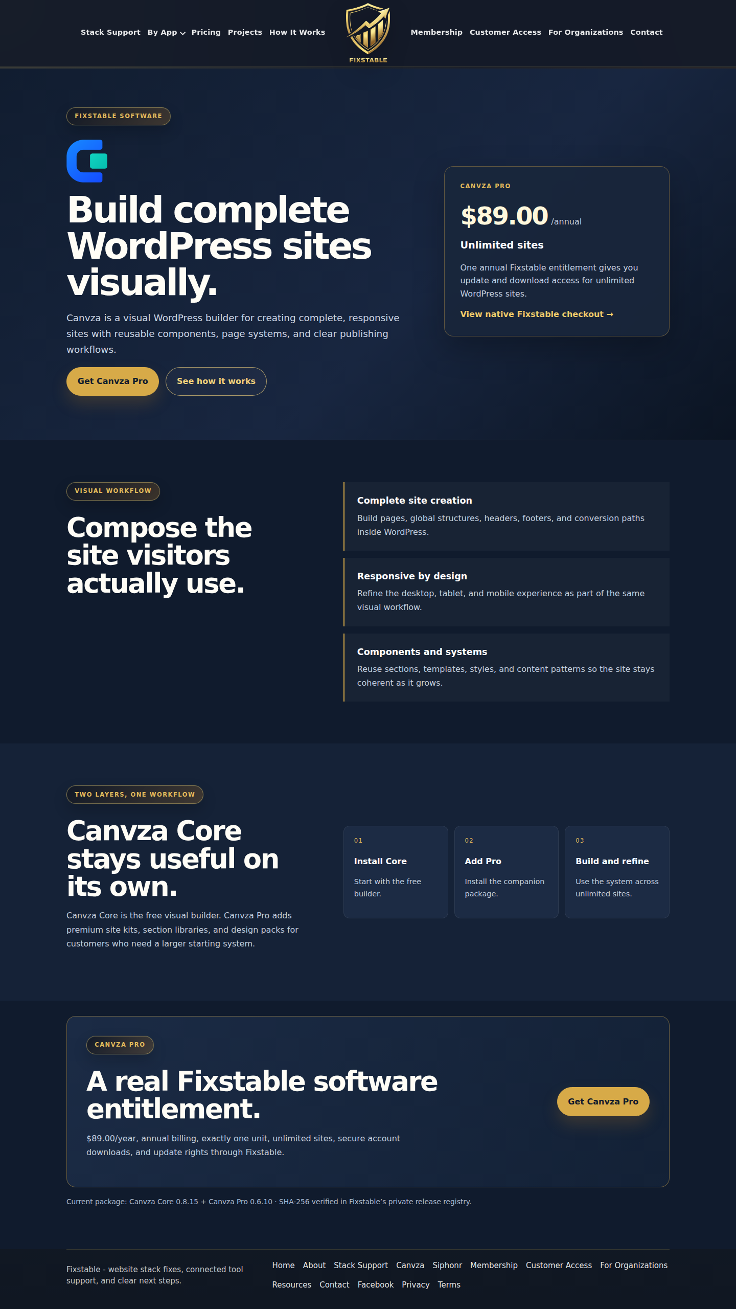 Canvza visual WordPress builder product surface shown as a companion to Siphonr commerce.