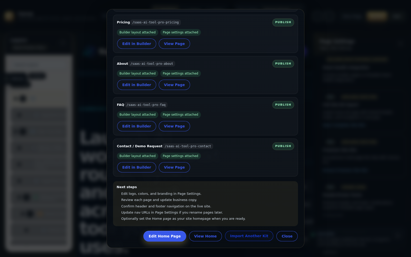 Canvza site-system import state showing complete pages ready to edit in the Builder.
