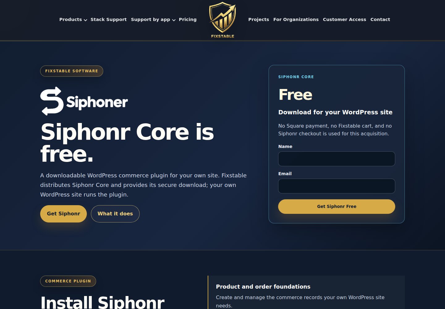 Current Siphonr Core product page showing the free WordPress commerce plugin and secure download form.
