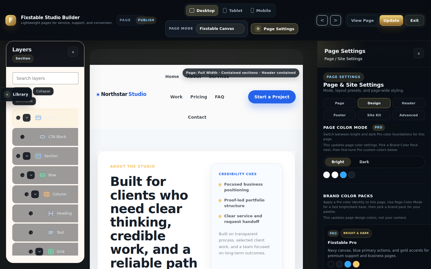 Studio Builder Pro design packs interface.