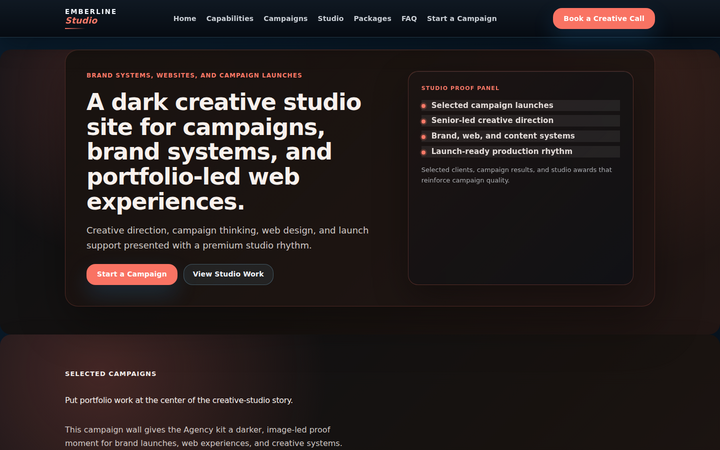 Emberline Studio kit homepage preview captured from a real demo site.