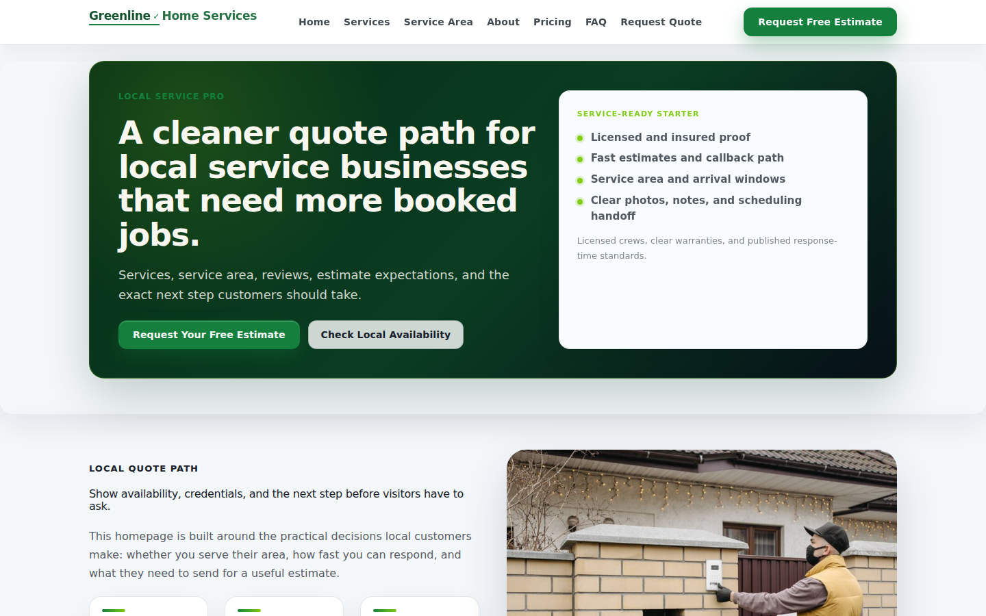 Greenline Home Services kit homepage preview captured from a real demo site.