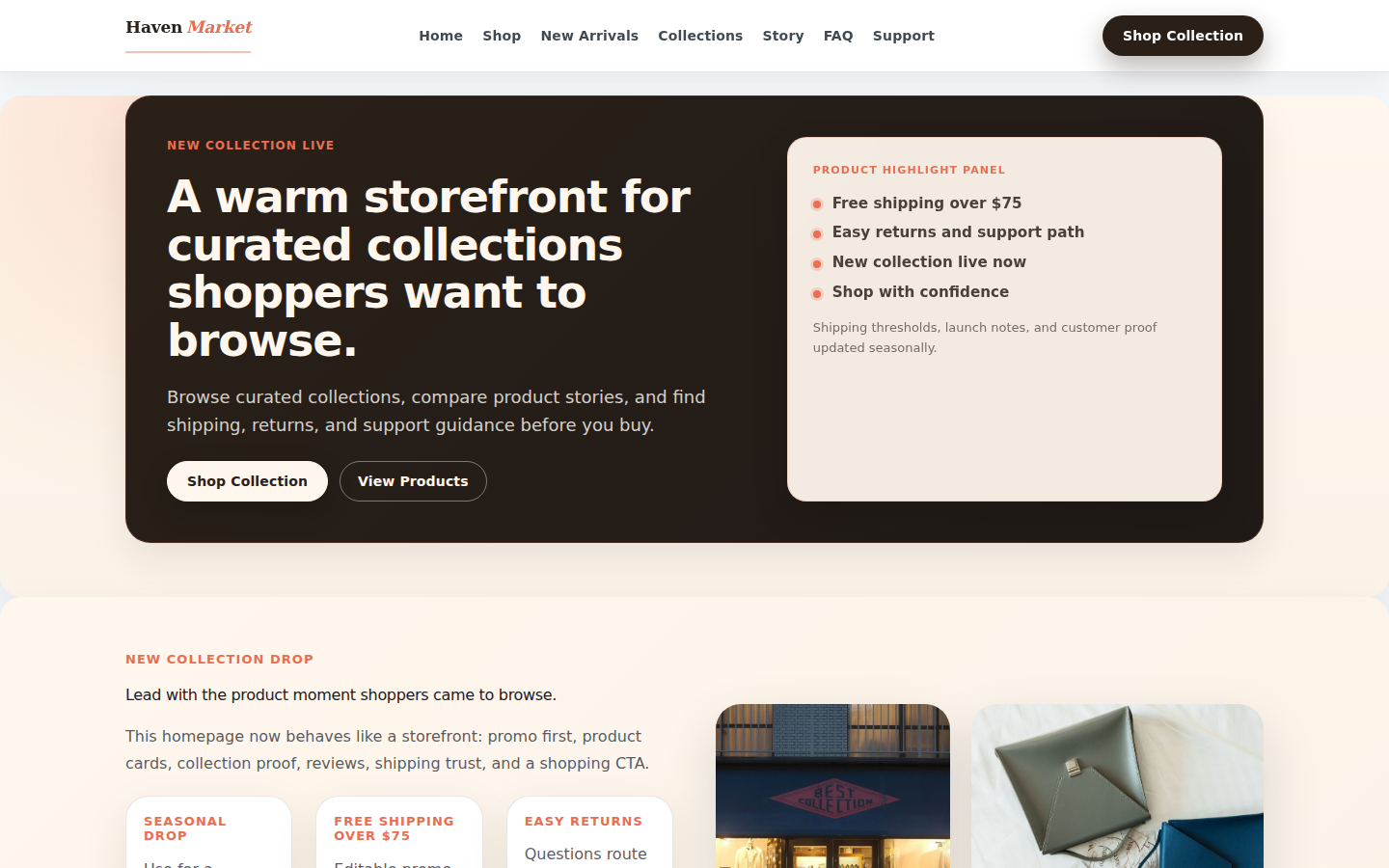Haven Market kit homepage preview captured from a real demo site.