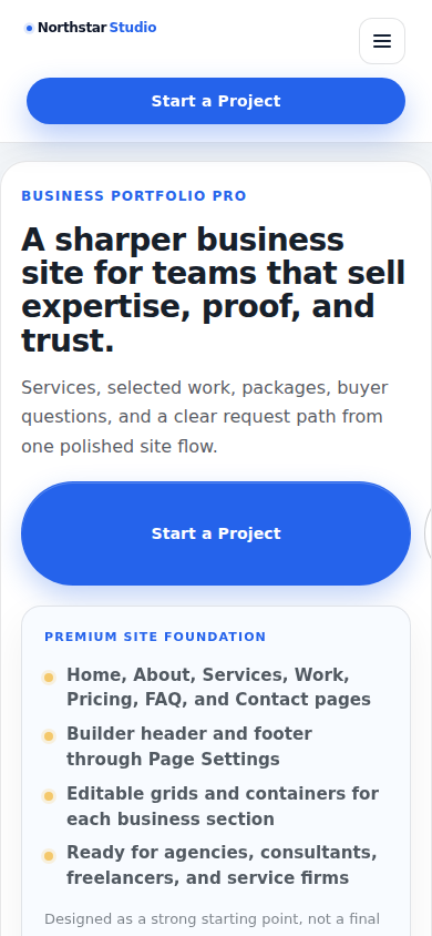 Studio Builder site kit mobile preview captured at a narrow viewport.