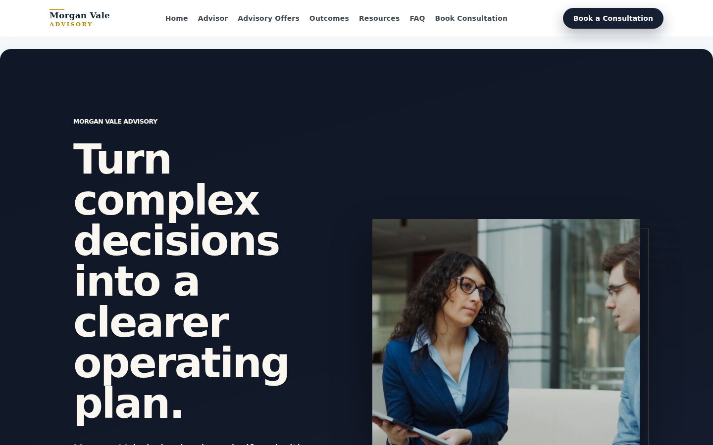Morgan Vale Advisory kit homepage preview captured from a real demo site.