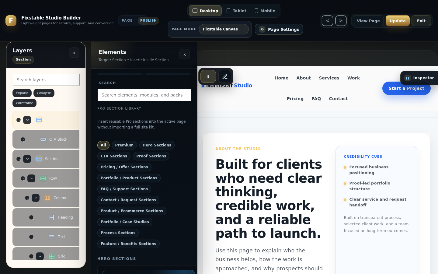 Studio Builder Pro premium sections grid showing reusable commercial sections.