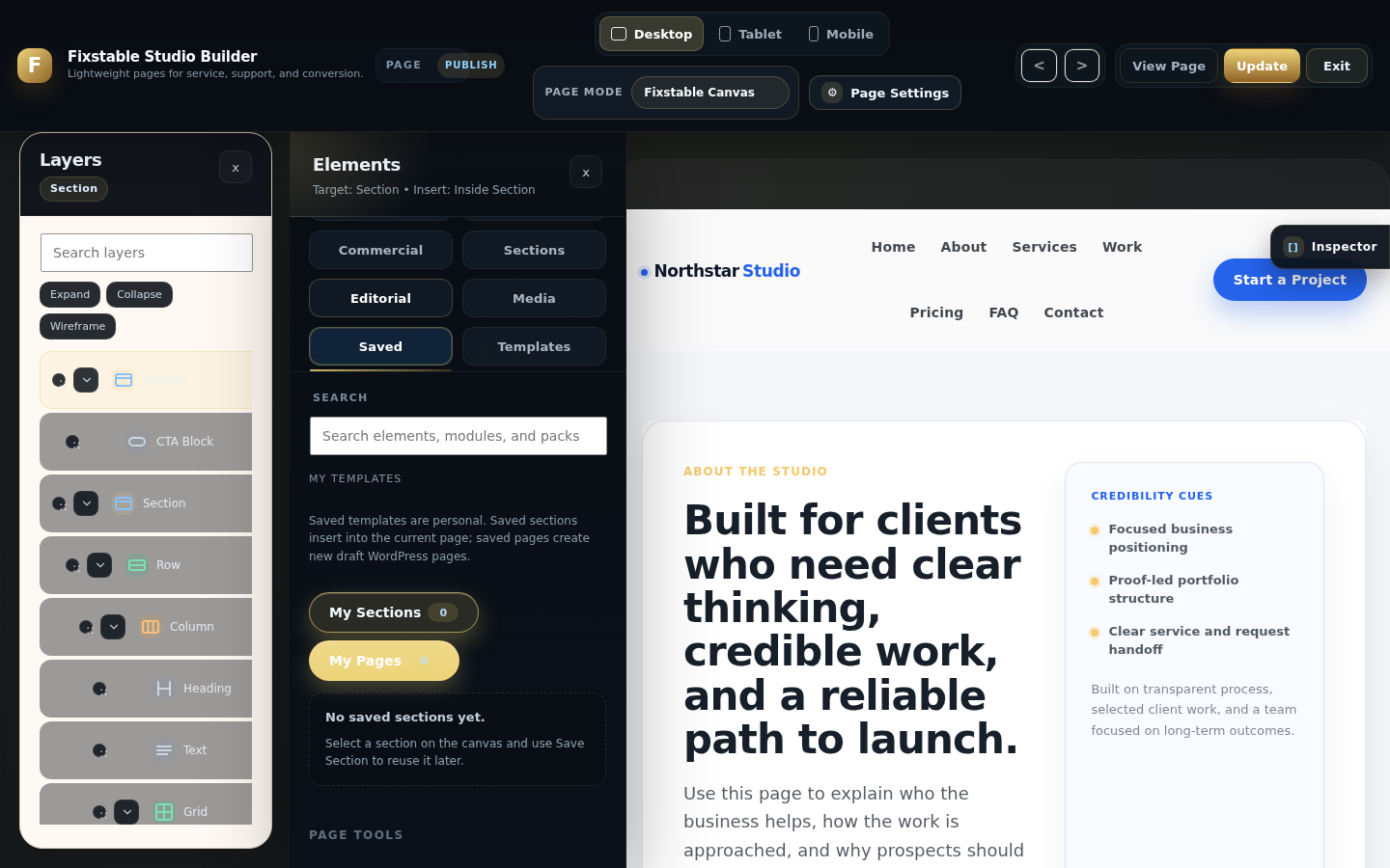 Studio Builder Pro saved sections and pages interface.