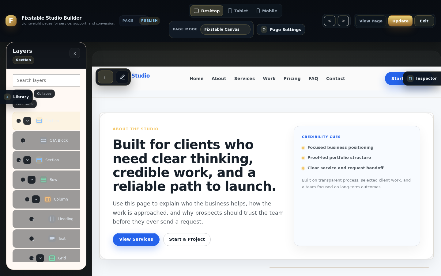 Fixstable Studio Builder free plugin interface showing starter builder controls.