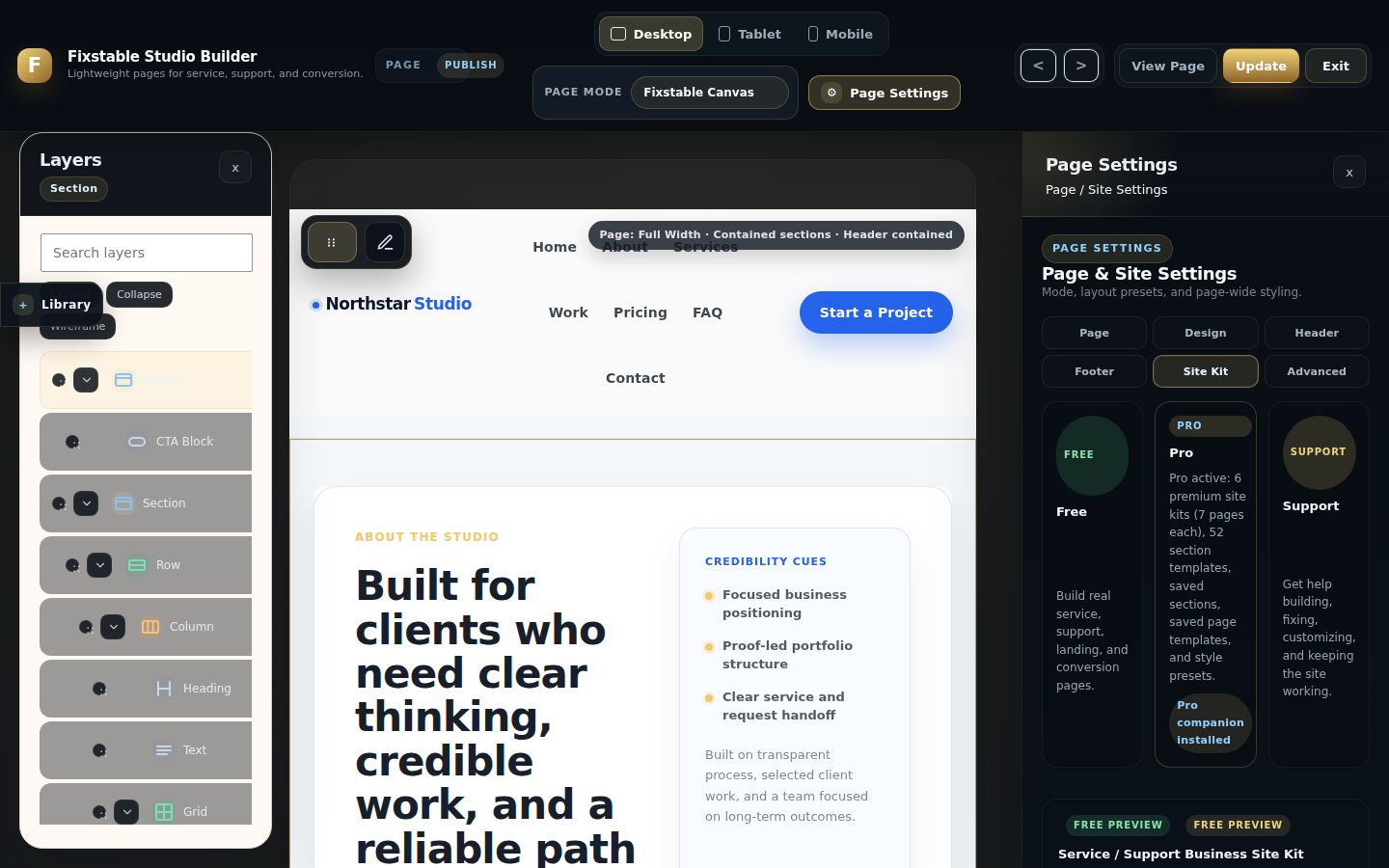 Studio Builder Pro kit picker showing available site kit choices.